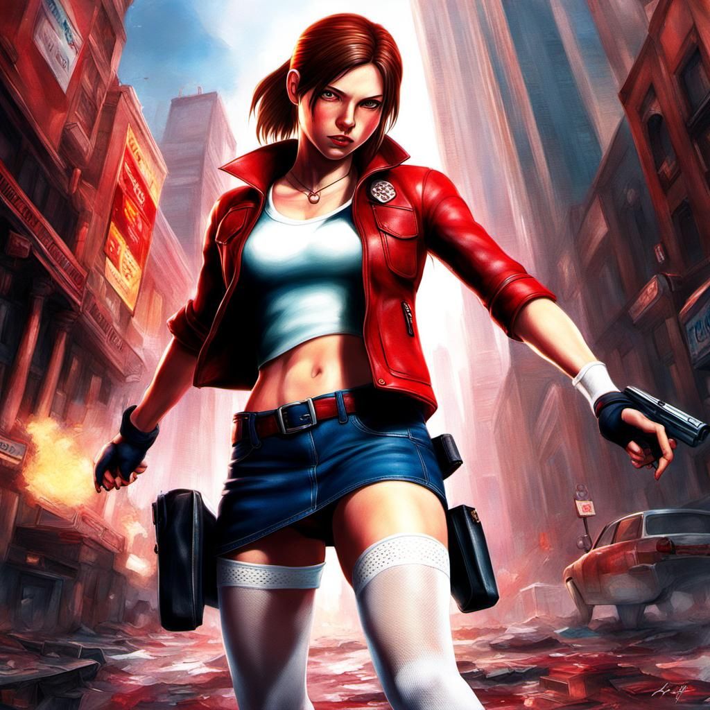 Claire Redfield in miniskirt and white stockings