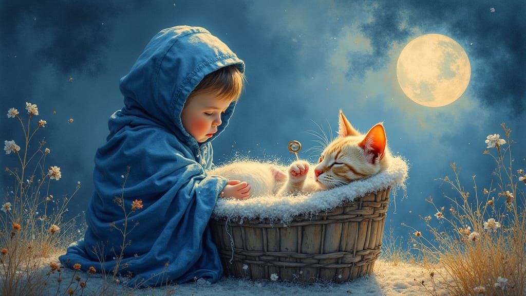 Melancholy Dawn Cradle Scene with Boy and Moon
