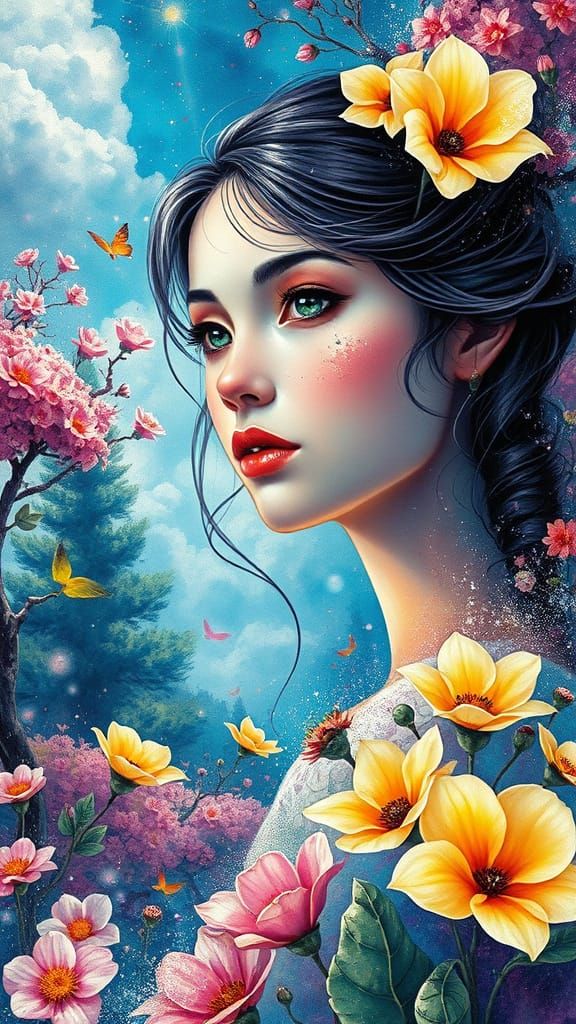 Ethereal Quantum Goddess in Vibrant, Surreal Landscape