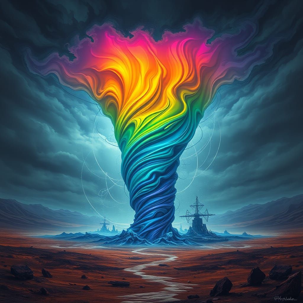 Rainbow Tornado in Dystopian Landscape, Digital Illustration