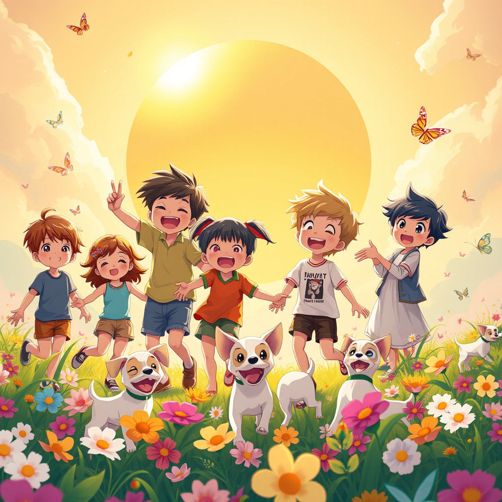 Children, Dogs, and Sun in Anime Style