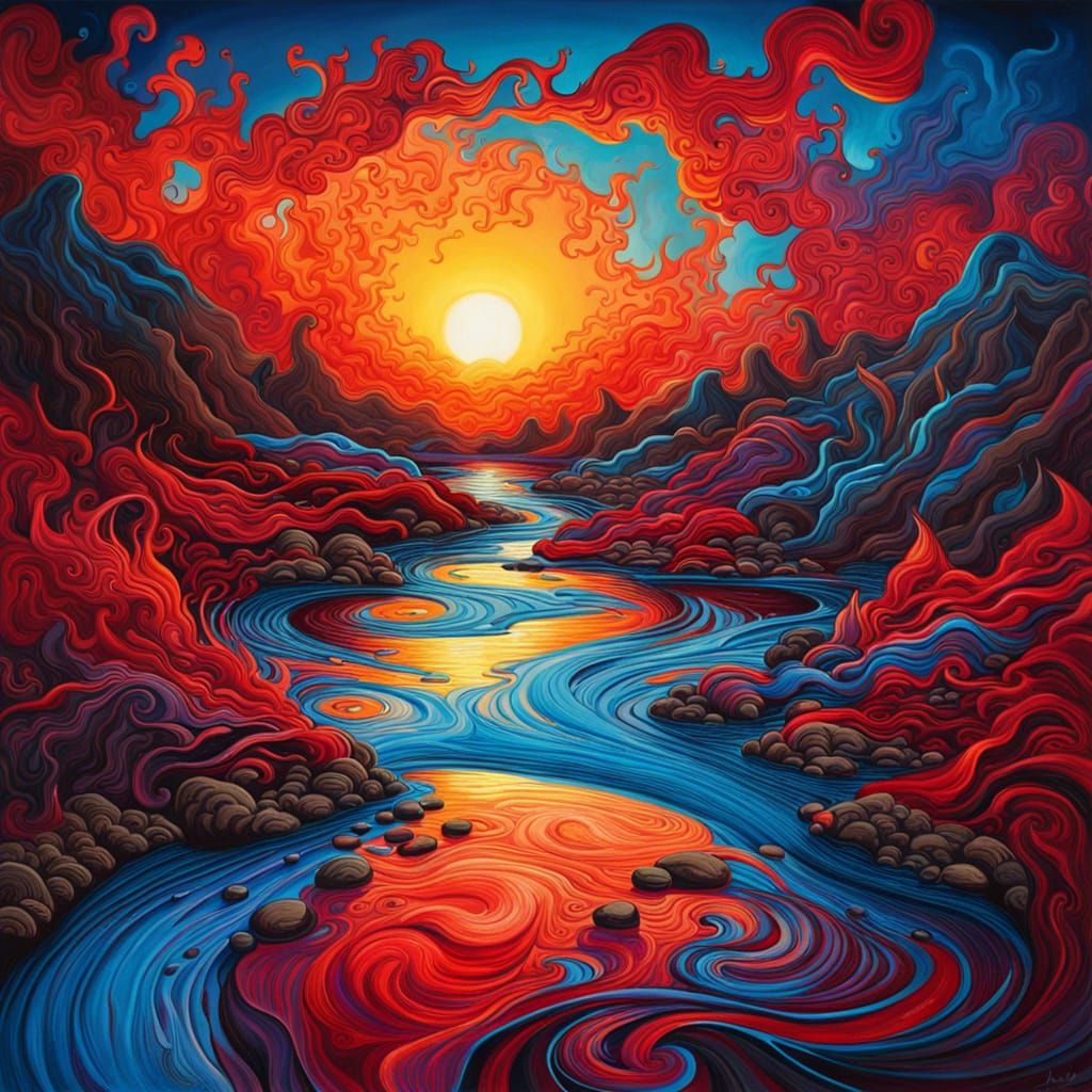 an abstract piece of artwork showing a sun rising behind a river