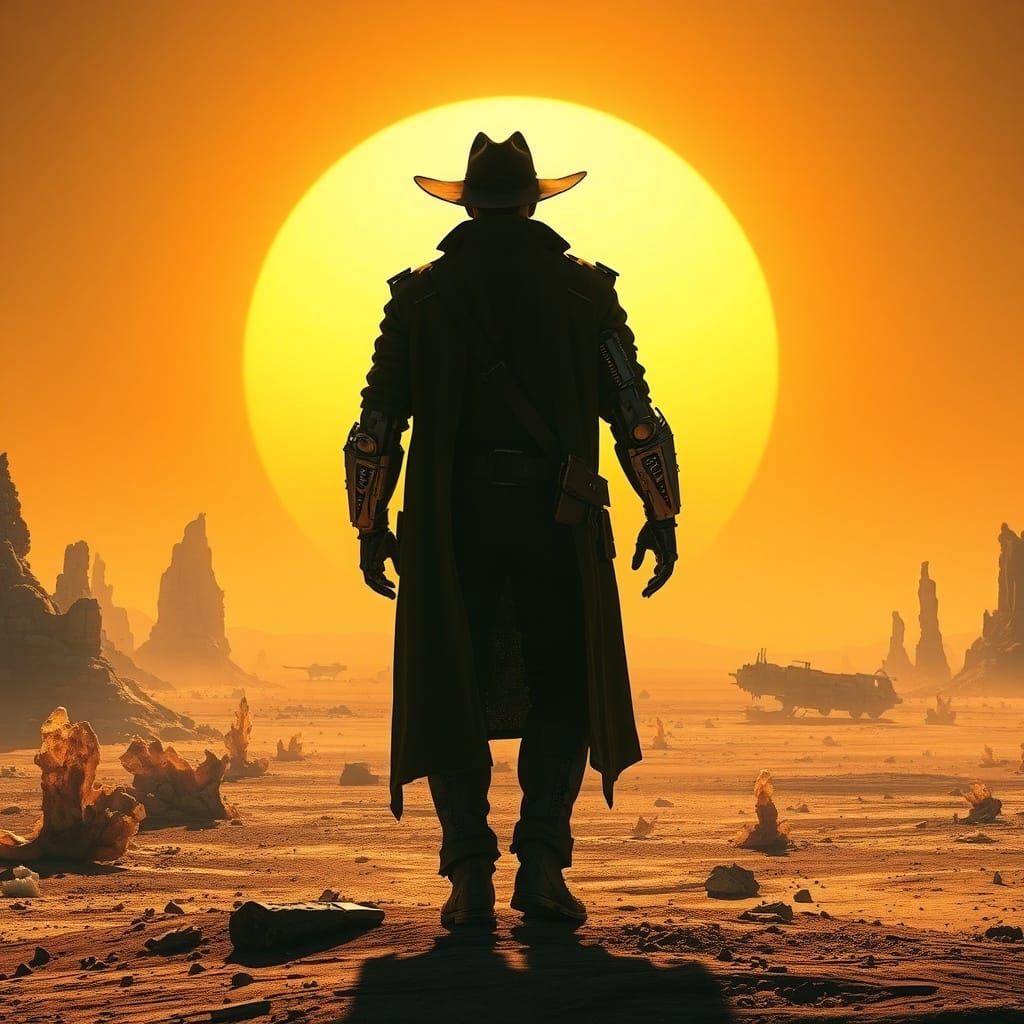 Cybernetic Cowboy Against Binary Sunset