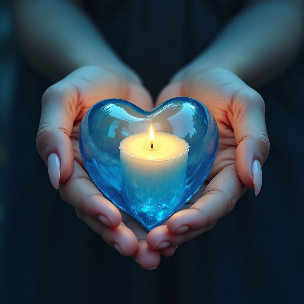 Slender Hands Hold a Glowing Blue Glass Heart in Ethereal Ar...