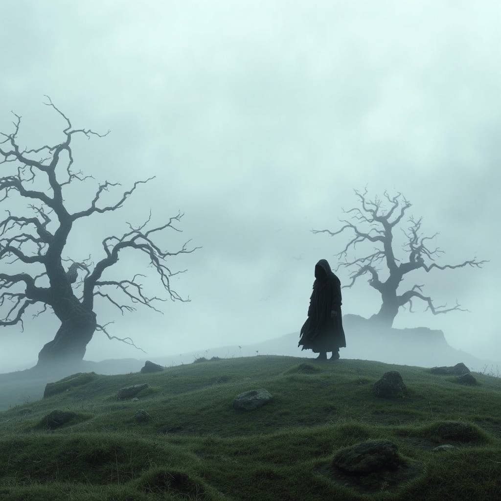 Ethereal Figure in Misty Moor Landscape