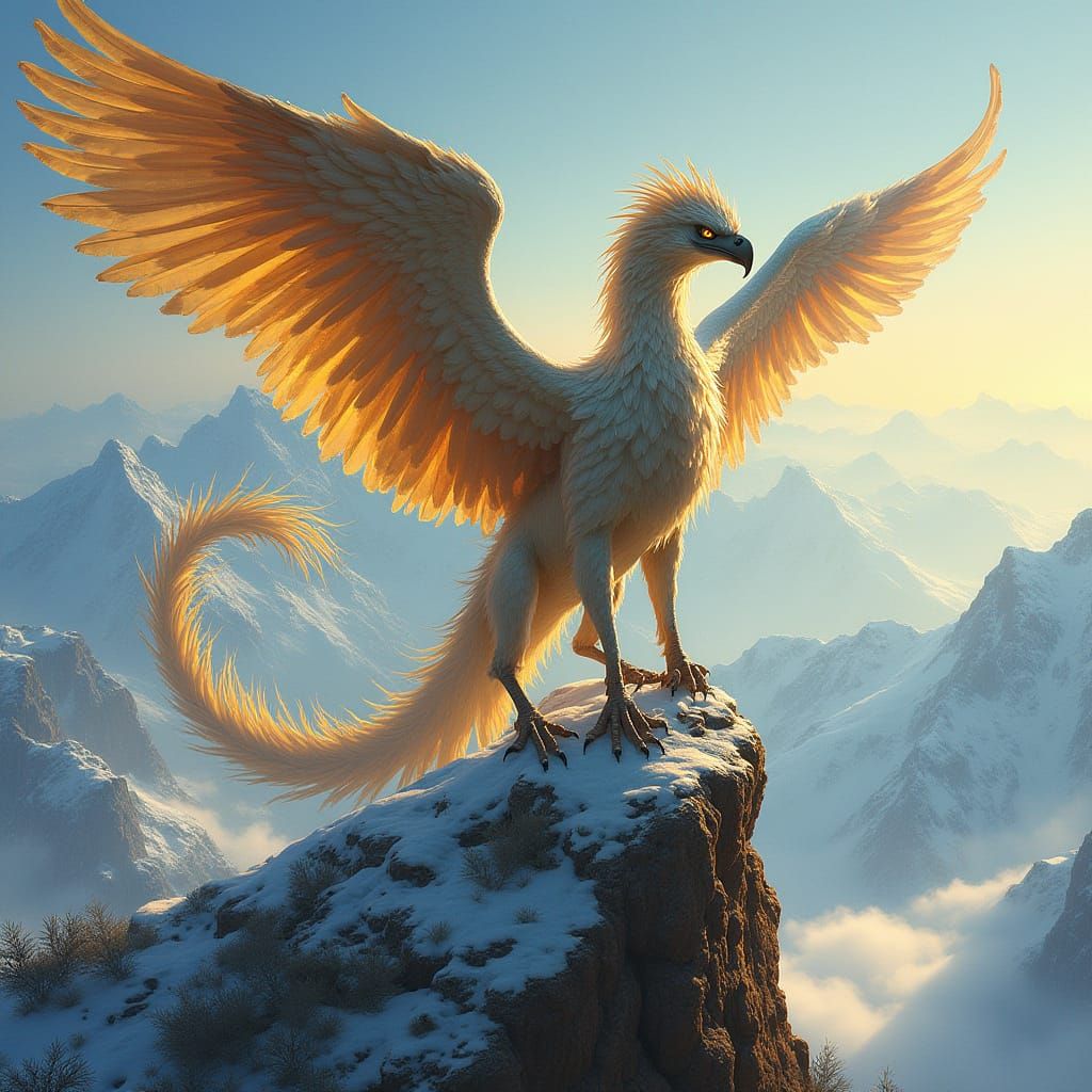 Griffin Perched Atop Snowy Mountain Peak