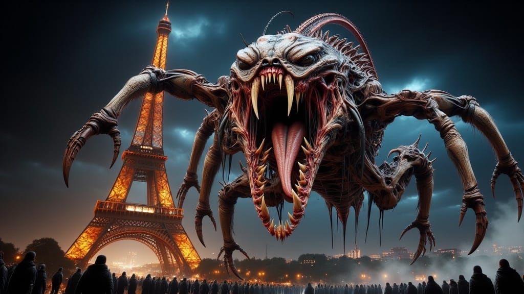 Grotesque Alien Creature Attacks Near Eiffel Tower in Cyberp...