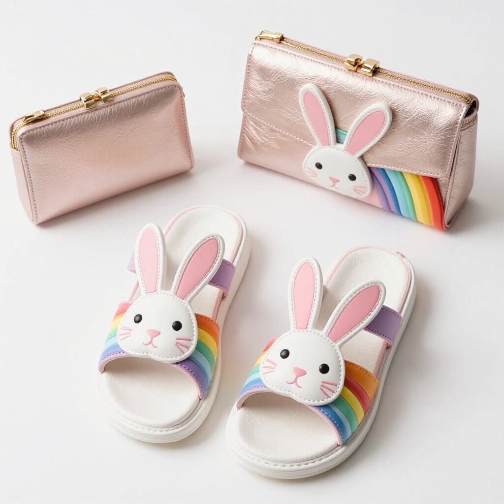 Cute Rainbow Rabbit Sandals and Matching Clutch Bag