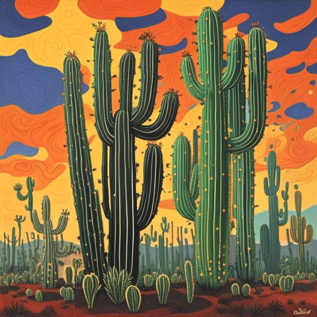 Cactus People in Burning Desert Landscape