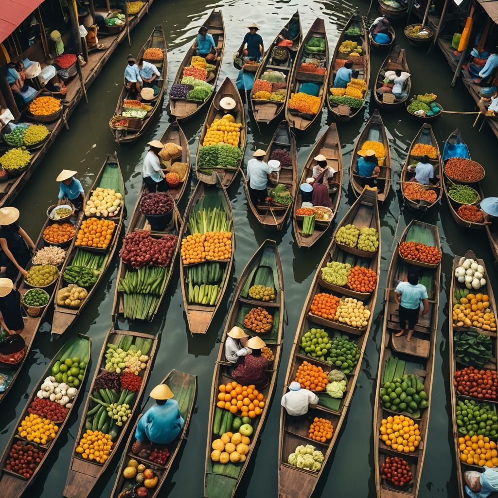 Vibrant Floating Market in Thailand: Cinematic Film Still