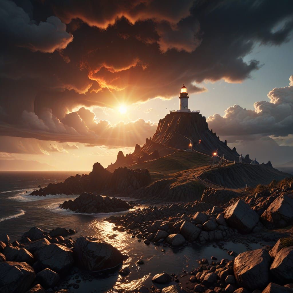 Volcano and Lighthouse in Ashcan School Style