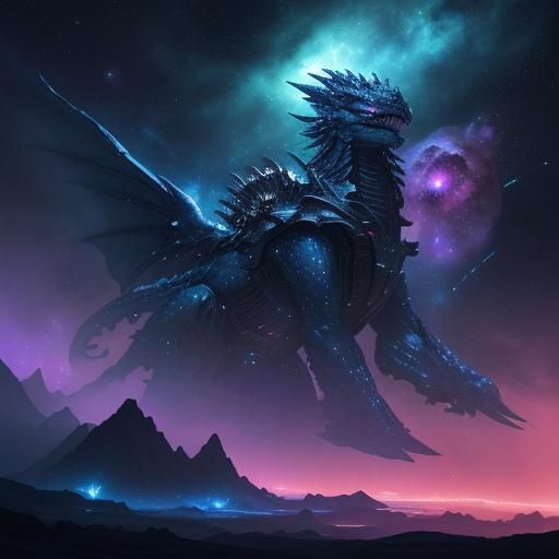 Blue Dragon Soaring Through Mythical Galaxy