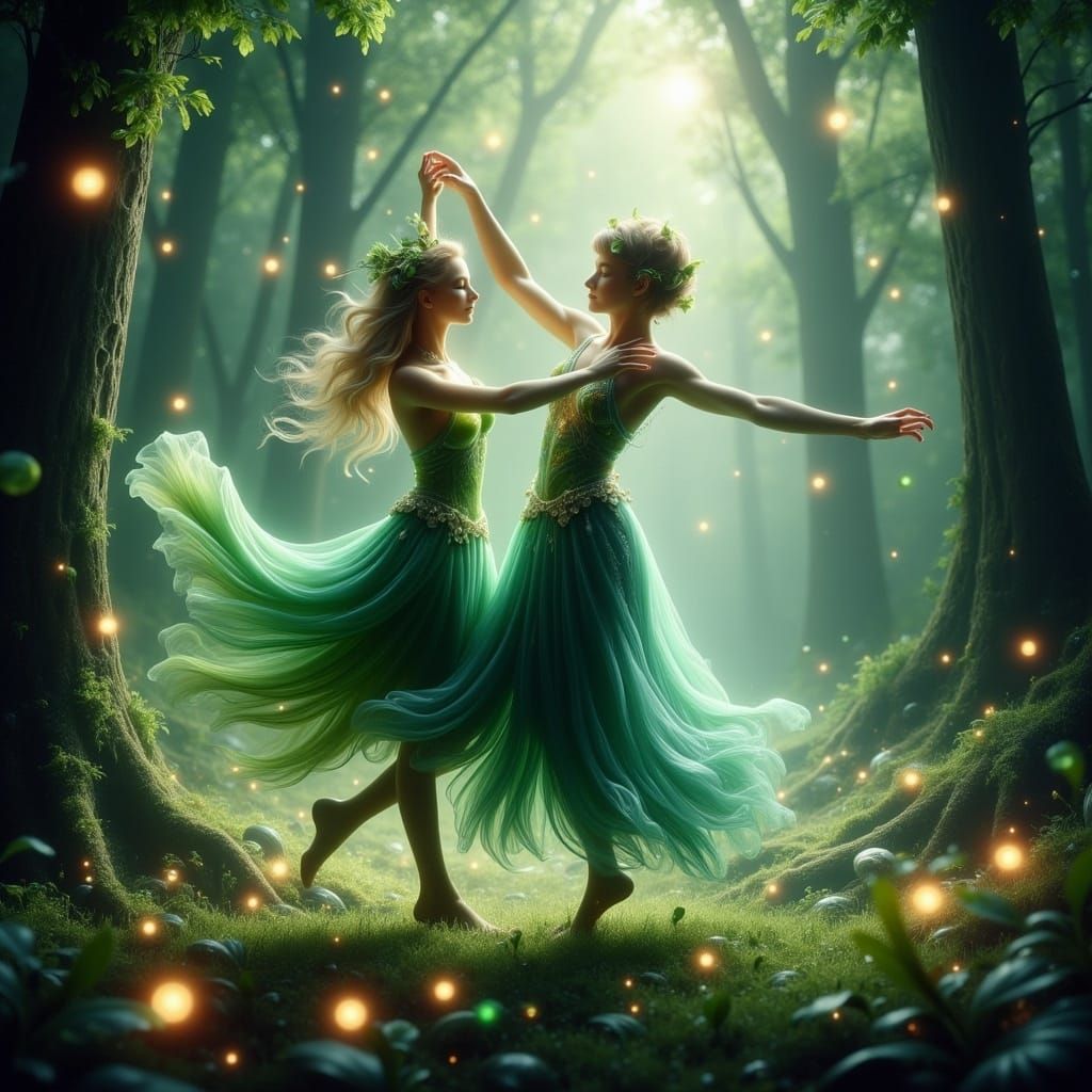 Nymph and Elve Dance in Enchanted Forest, Cyberpunk Fantasy...