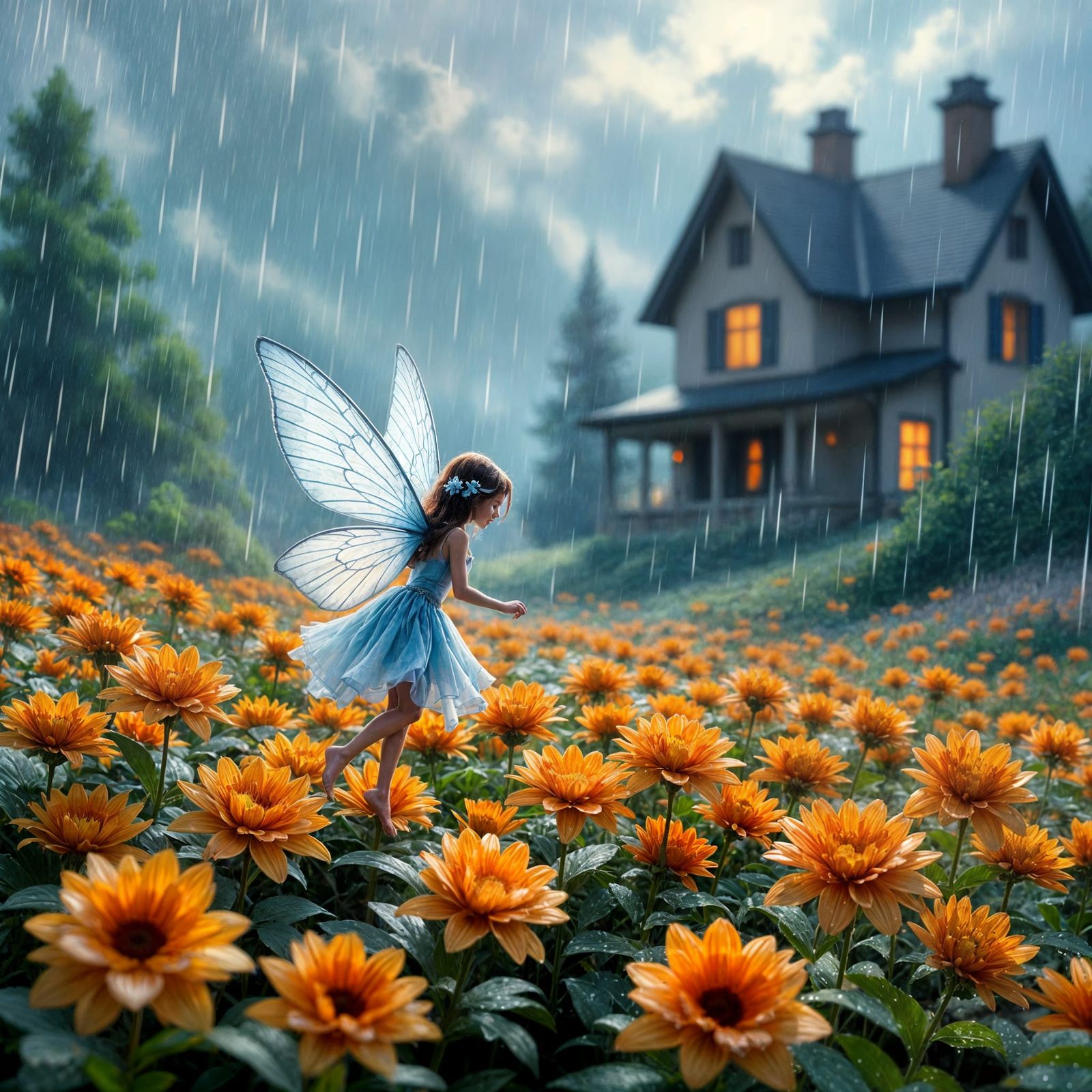 Blue Fairy Flight Over Orange Flowers, Ethereal Fantasy