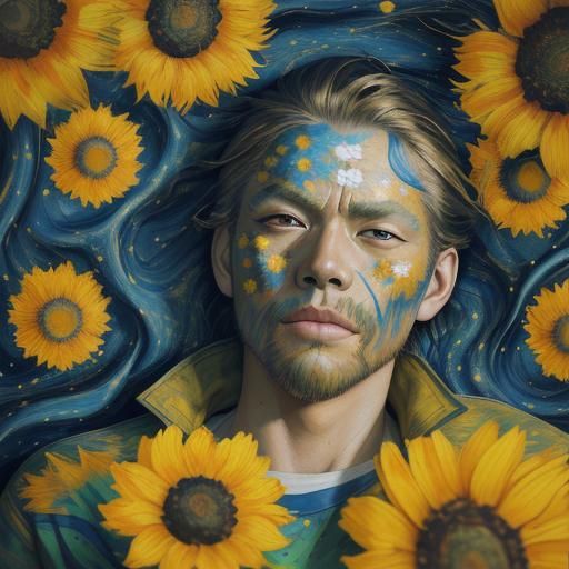 Van Gogh Starry Night Face on Sunflowers