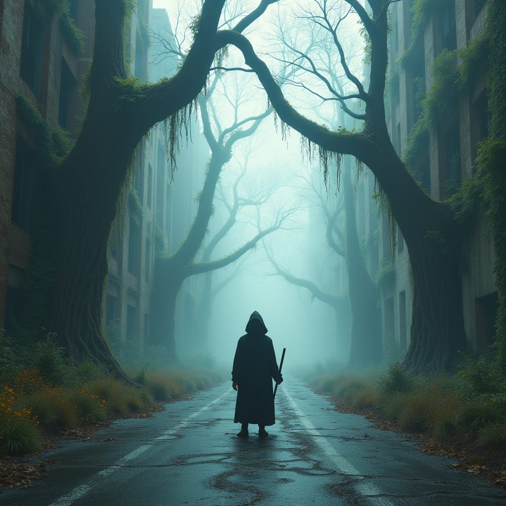 Mysterious Figure in Surreal Urban Landscape