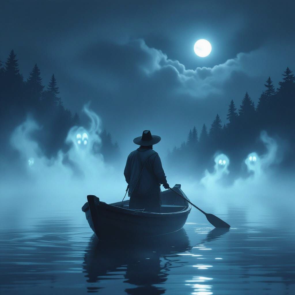 Fisherman on Foggy Lake at Night in Fantasy Style