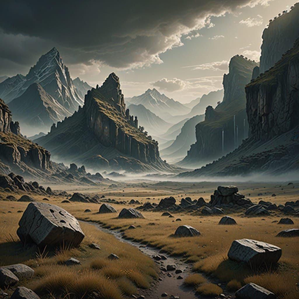 Majestic Mountains Over Ancient Ruins in Swirling Mists