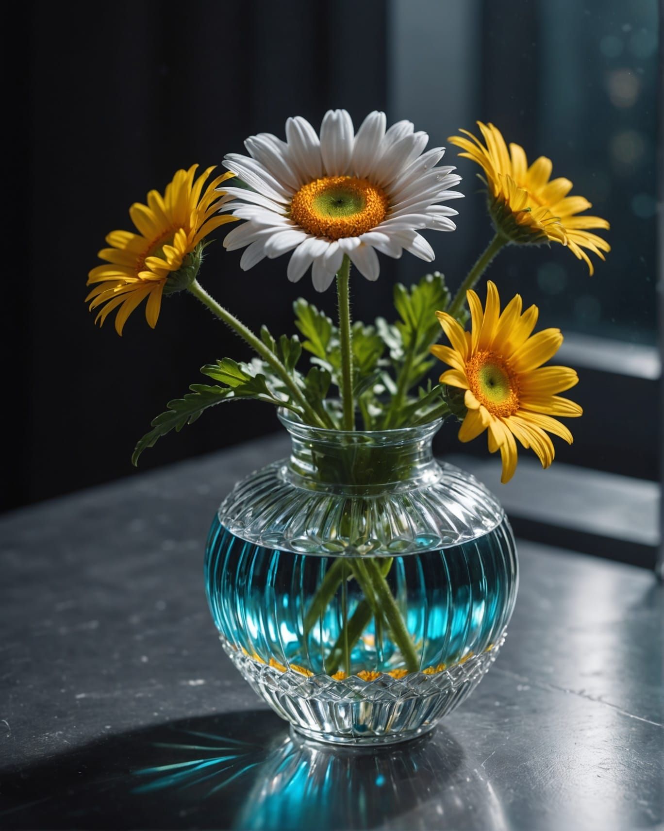 Holographic Daisy in Crystal Vase: Digital Matte Painting