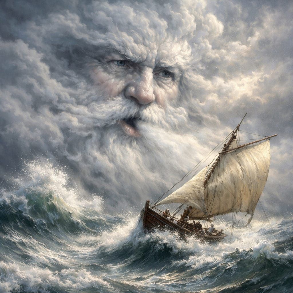 Gigantic Cloud Face Storm Blows Sailboat on Raging Ocean