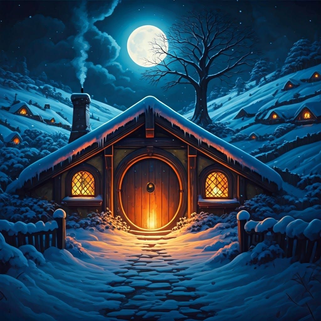 Whimsical Snowy Village Scene in Dreamy Oil Colors