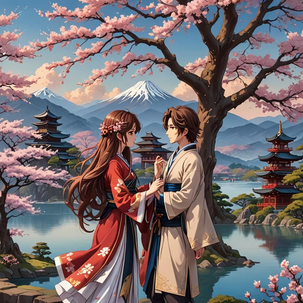 Sakura Tree with Sorcerers in Anime Style