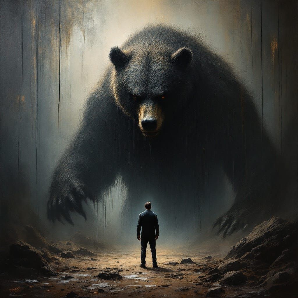 Dramatic Baroque Oil Painting of a Man Confronting a Colossa...