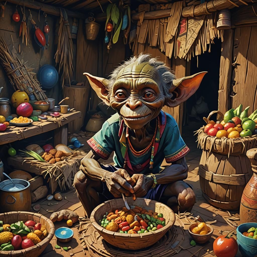 African Goblin Stealing Food in Bohemian Style