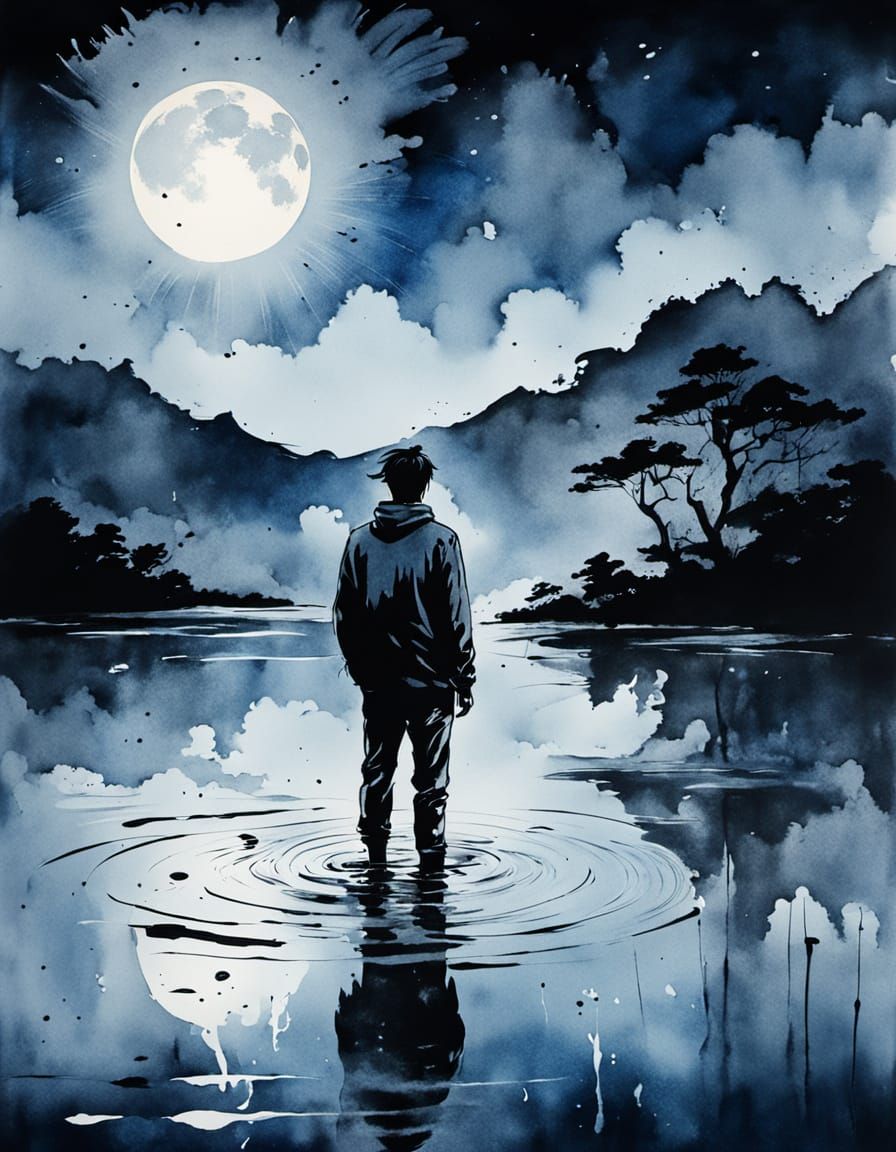 Abstract Sumi-e Painting of Man on Lake