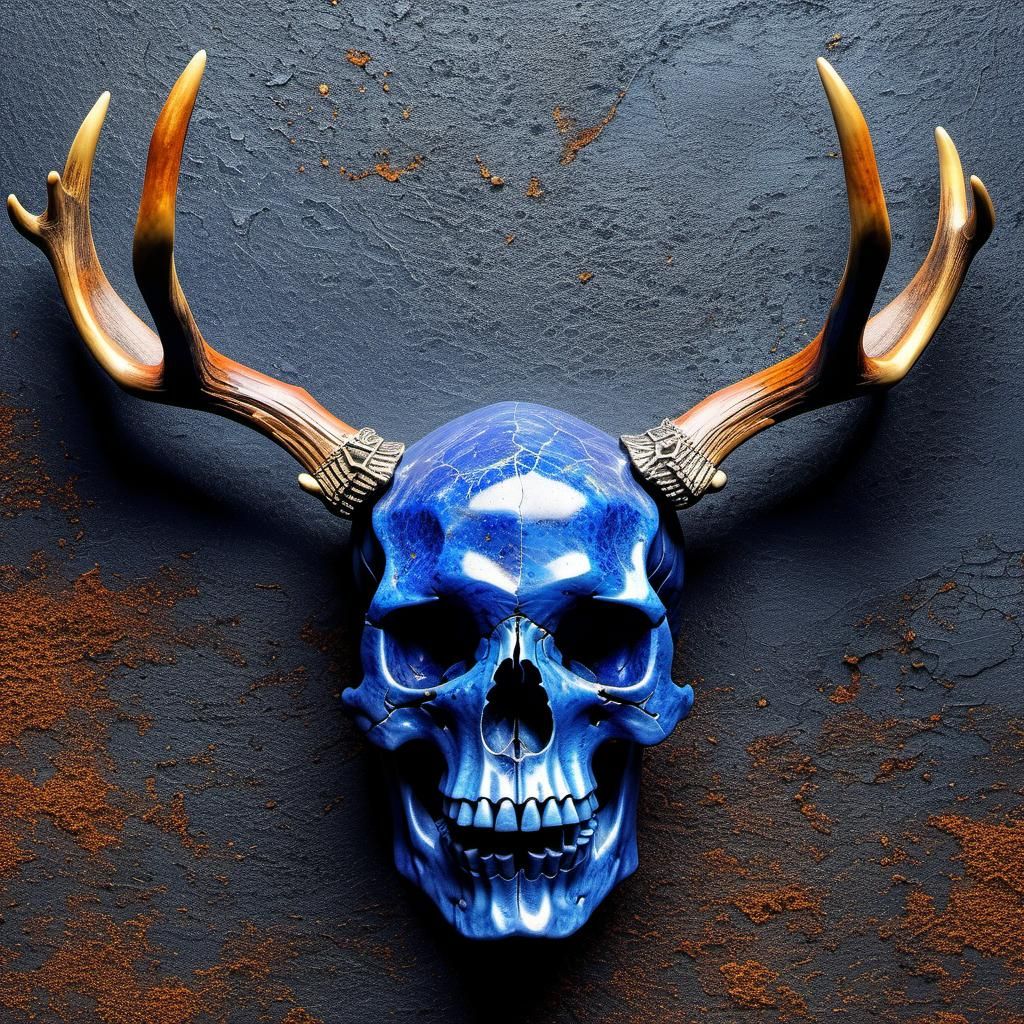 Human skull with moose antlers