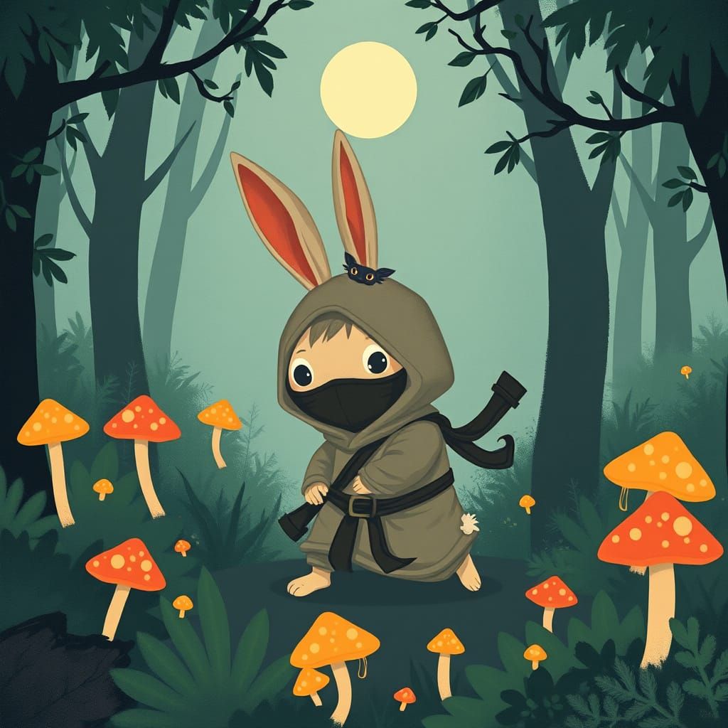 Whimsical Bunny Ninja in Moonlit Forest