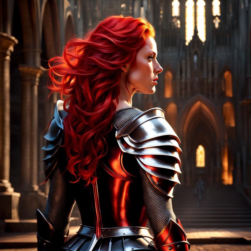 Female Knight in Gothic Setting: Detailed Illustration