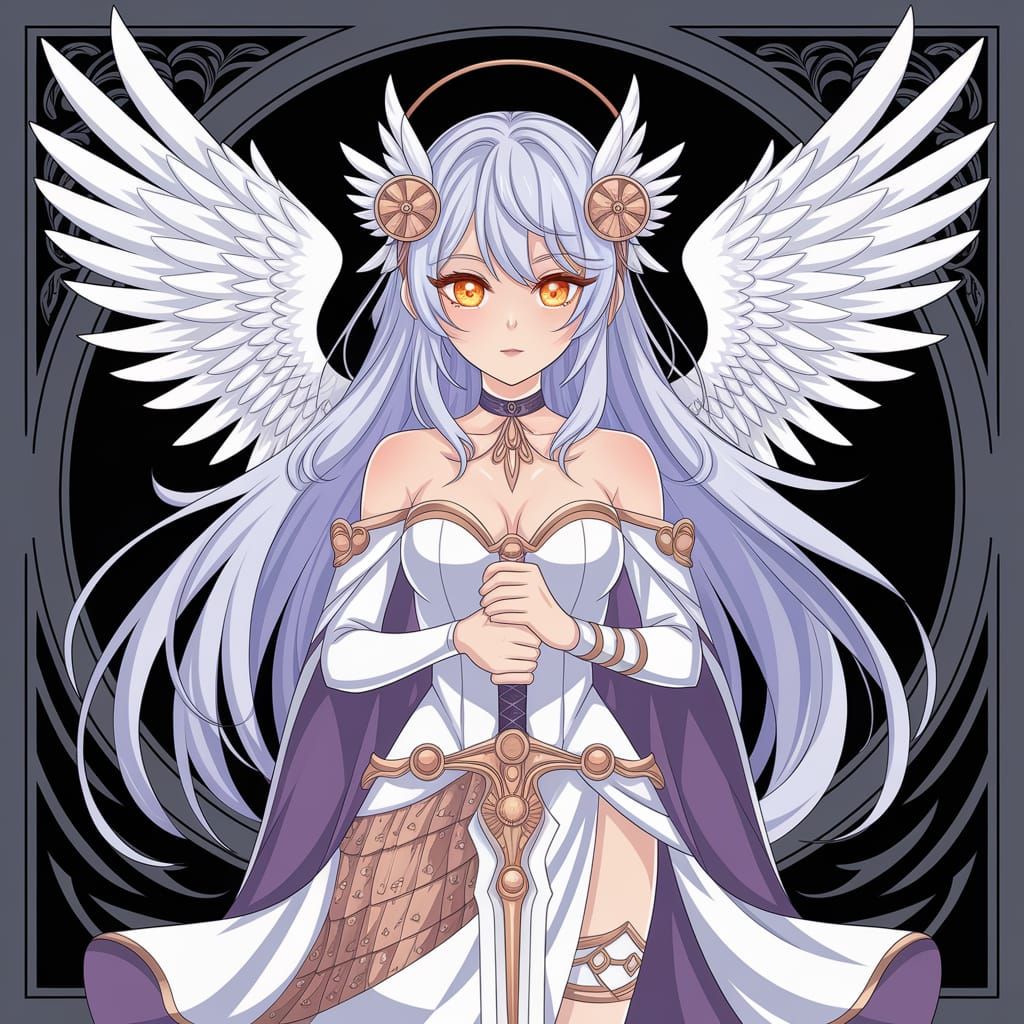 Anime Art Nouveau Girl with Angel Wings