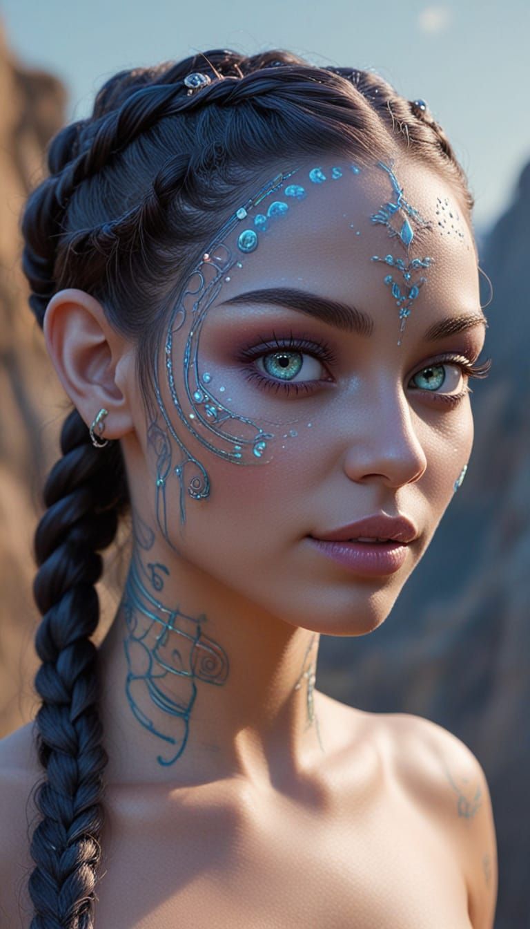 Alien Woman with Snail Braids and Indigo Tattoos