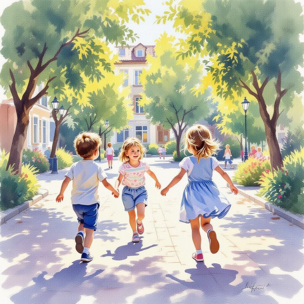 Children Playing: Watercolor Painting in Schoolyard