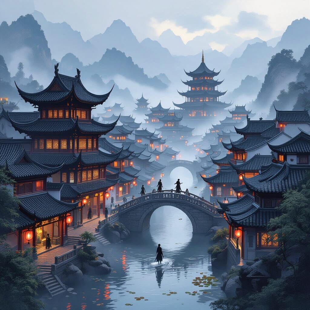 Wuxia City in Misty Valley with Dragon Gates