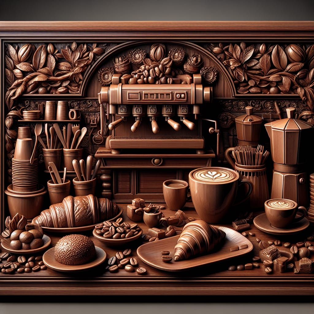 Cherrywood Bas-Relief of a Coffee Shop