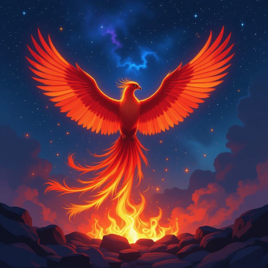 Phoenix Rises from Embers Against Cosmic Sky