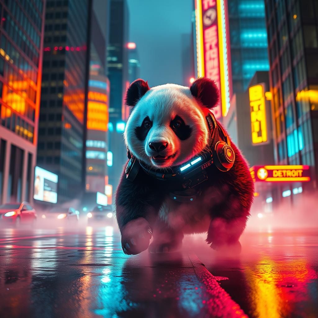 Cyberpunk Panda in Detroit's Neon Glow