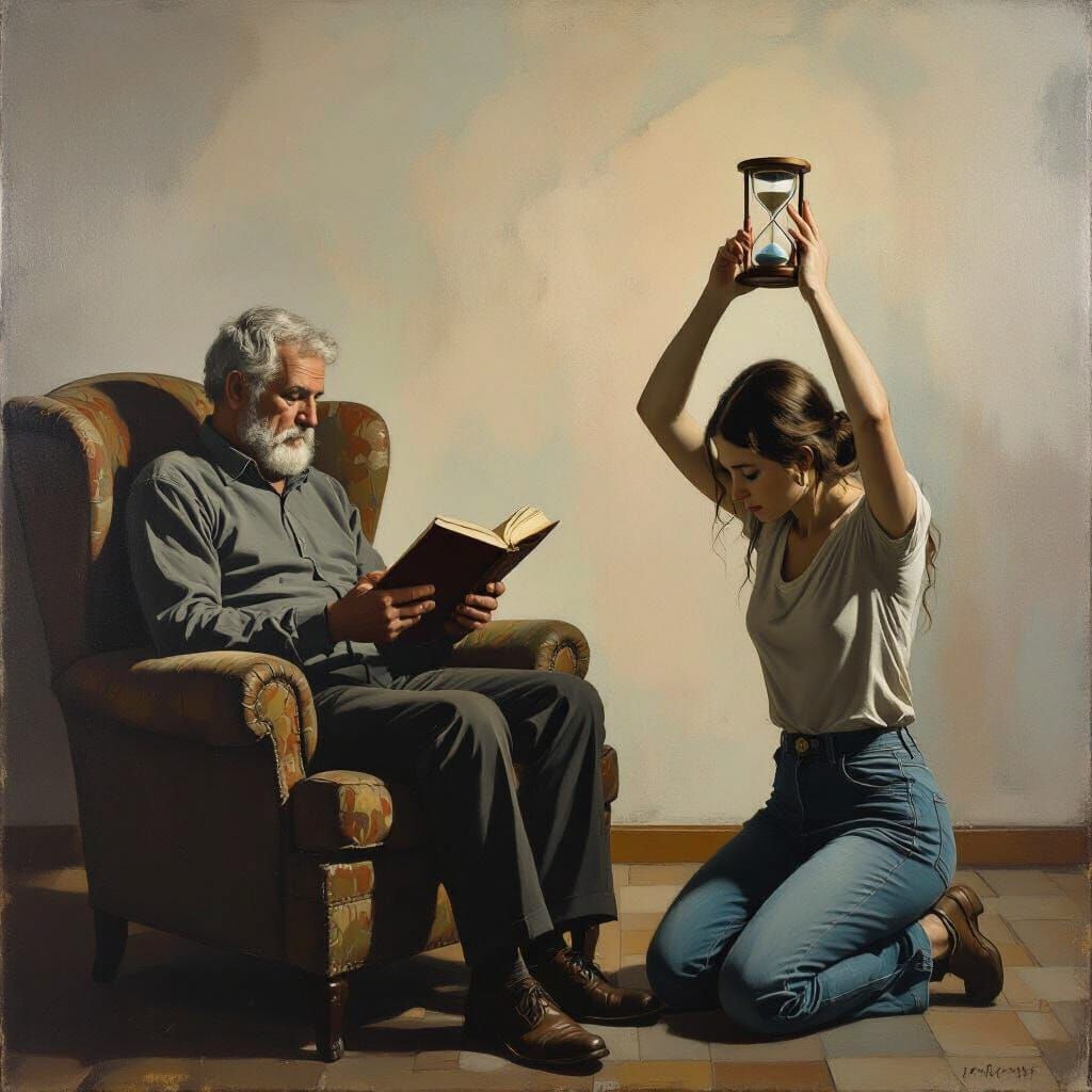 Man Reads in Empty Room Beside Woman with Hourglass