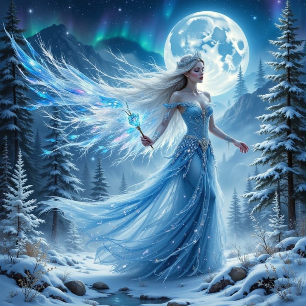 Winter Fairy Queen Conjuring Ice Magic in Aurora Forest