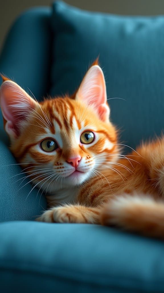 Surreal Hyperrealistic Cat Relaxing on a Comfy Blue Sofa