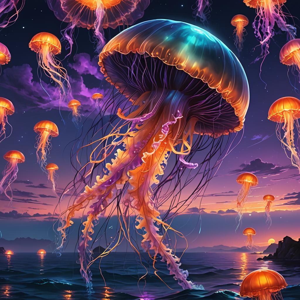 Colossal Glowing Jellyfish Floats Over Ocean at Dusk