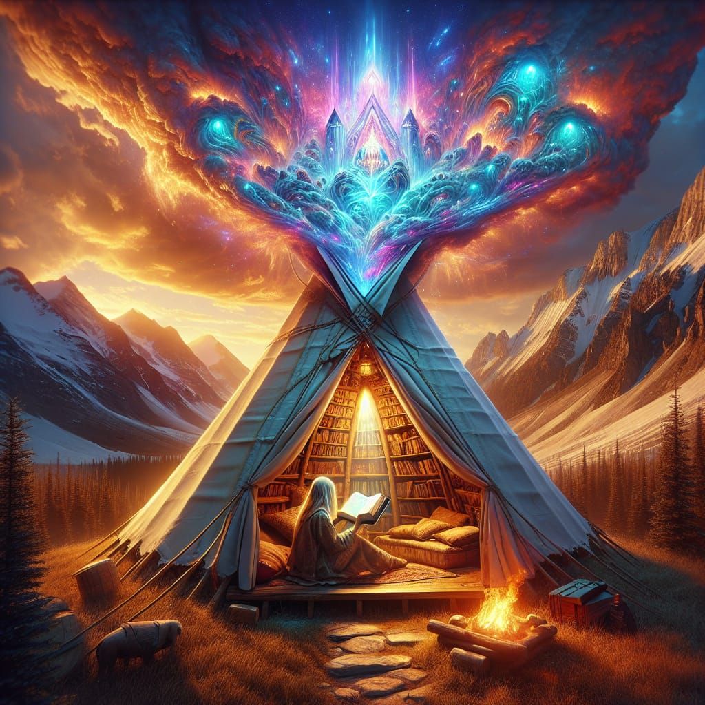 Glowing Bible Inside Teepee Hut: Fantasy Concept Art