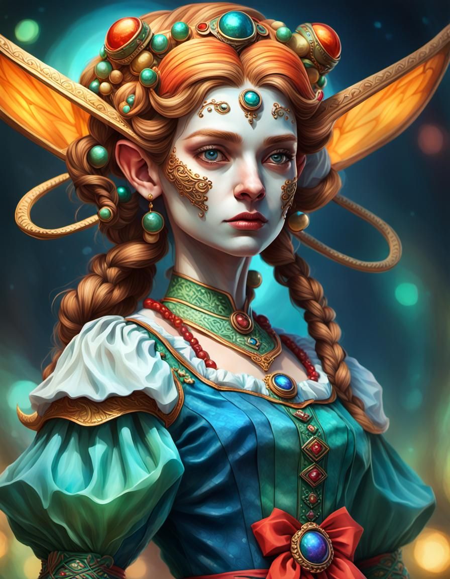 Hyper-Realistic Alien Dirndl Portrait in Triadic Colors