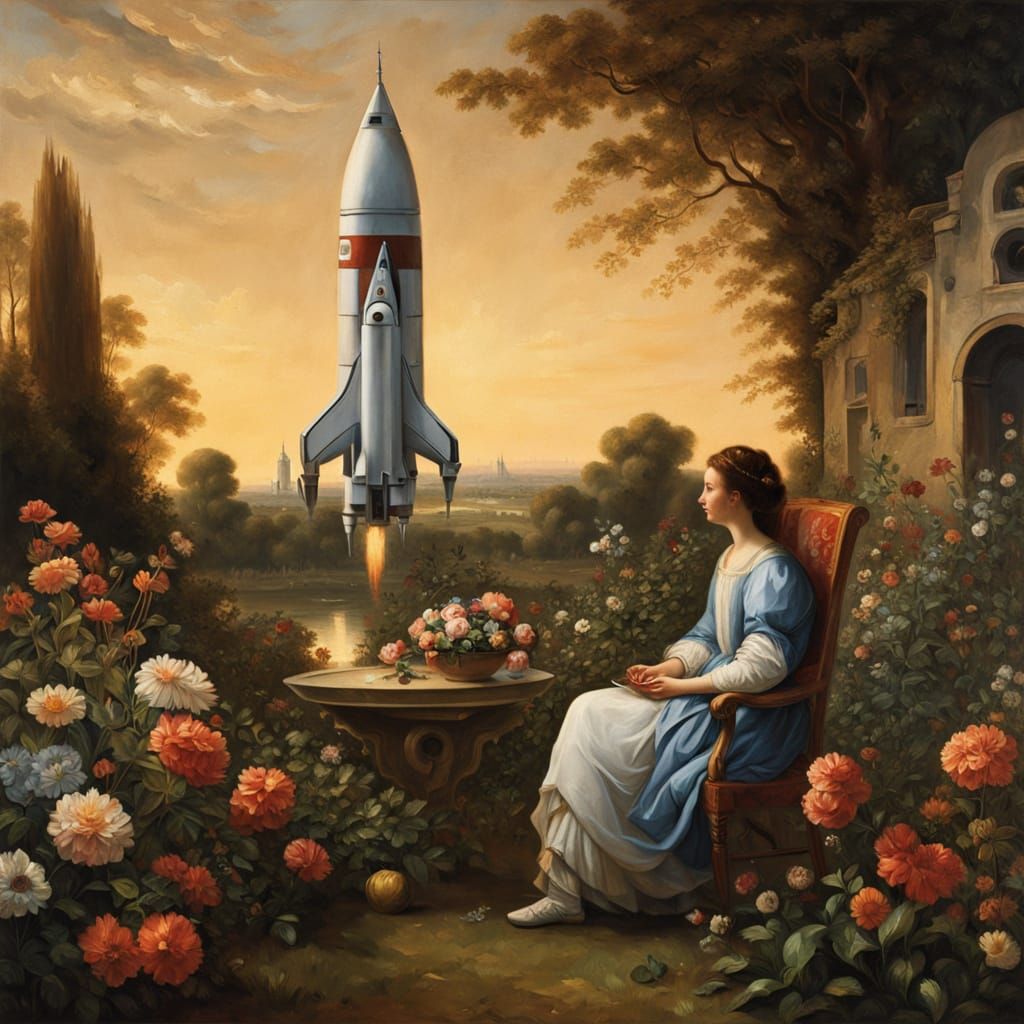 Baroque Garden Scene with Rocket in Golden Hour