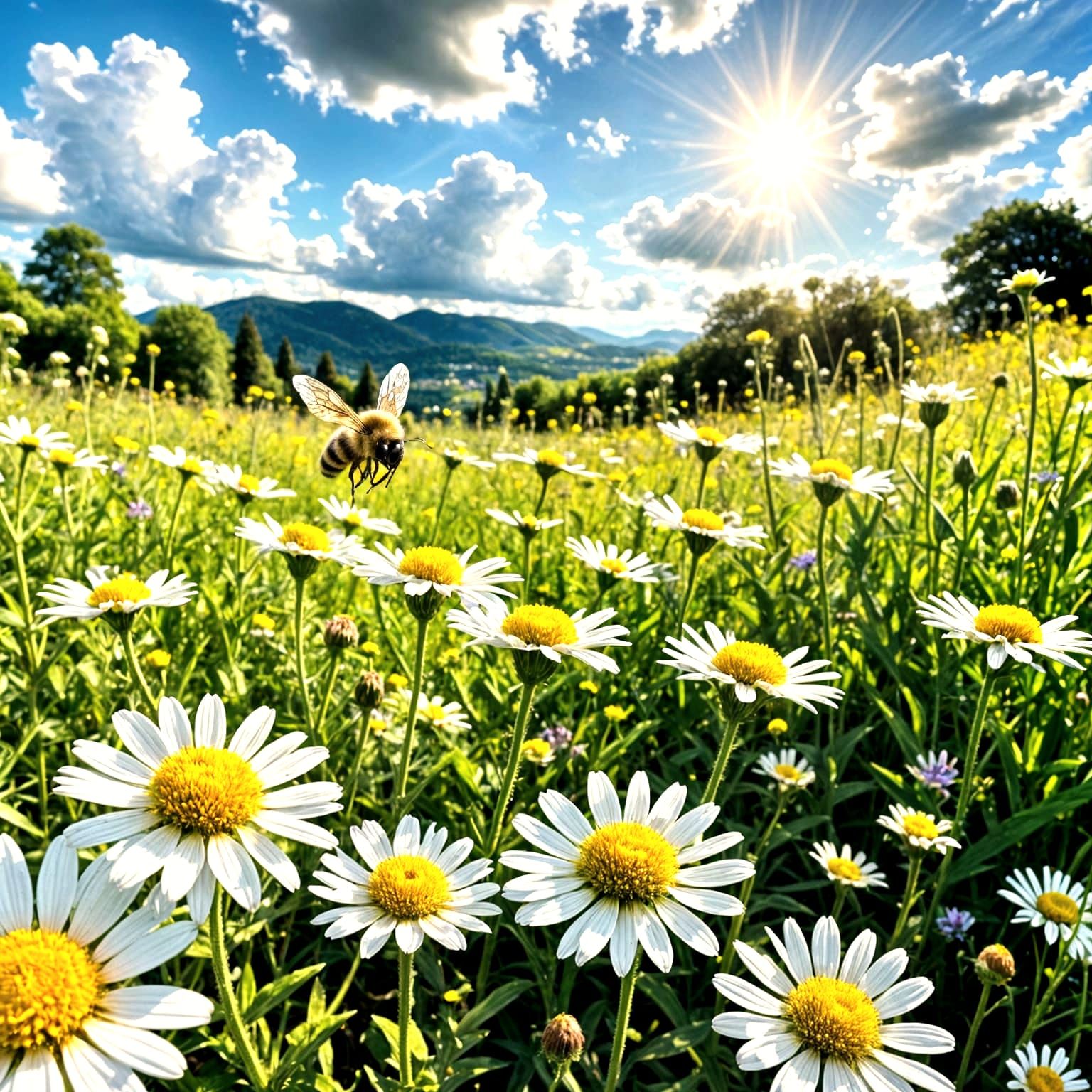 Bee in a Field of Flowers with Fireflies Under Heavenly Suns...