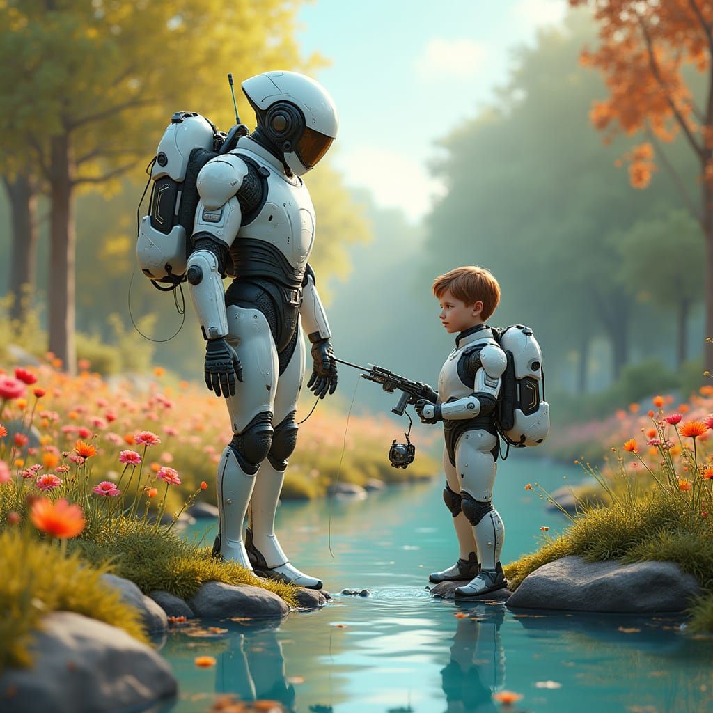 Futuristic Father and Son Cyber Fishing Trip