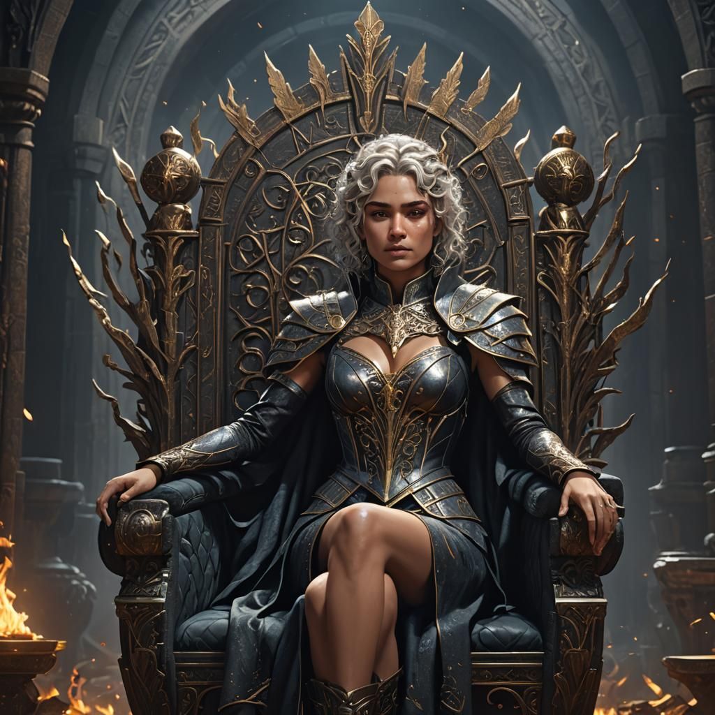 Latina Witch Queen on Throne in Dark Fantasy Style