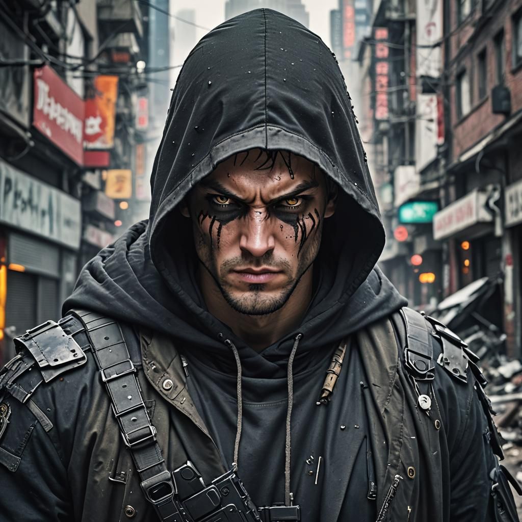 Aggressive Dystopian Warrior Attacks in Cyberpunk City
